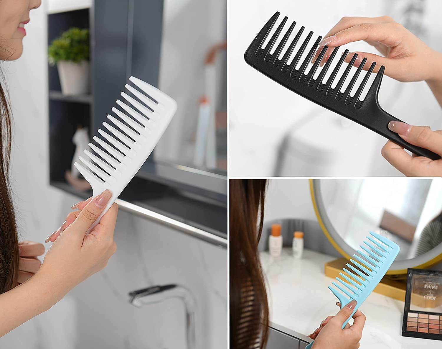 3 Pcs Wide Tooth Comb, Detangler Hair Comb for Women Shower Wet Dry Curly Long Thick Hair (Blue White Black) - Image 5