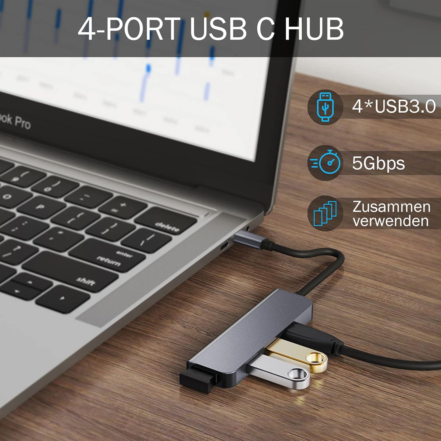 4-Port USB 3.0 Hub, Portable Data USB Hub, USB Splitter for MacBook, Mac Pro, Mac mini, iMac, Surface Pro, Laptop, PC, Flash Drive, Mobile HDD (Charging Not Supported) (3.9ft) - Image 2