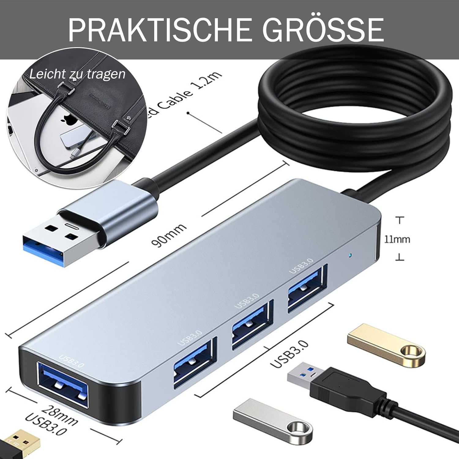 4-Port USB 3.0 Hub, Portable Data USB Hub, USB Splitter for MacBook, Mac Pro, Mac mini, iMac, Surface Pro, Laptop, PC, Flash Drive, Mobile HDD (Charging Not Supported) (3.9ft) - Image 5