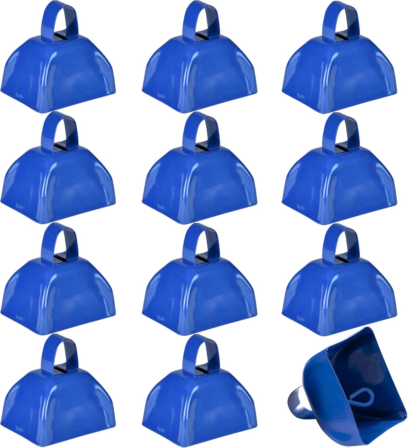 Metal Cowbells - Blue 3 Inch Cow Bells Noise Makers, Loud Call Bell with Handles for Sporting Events, Cheering, Team Spirit, Noisemakers, Weddings, (Pack of 12) - Image 1
