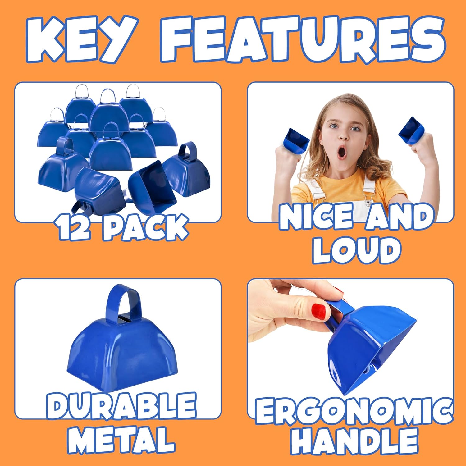 Metal Cowbells - Blue 3 Inch Cow Bells Noise Makers, Loud Call Bell with Handles for Sporting Events, Cheering, Team Spirit, Noisemakers, Weddings, (Pack of 12) - Image 2