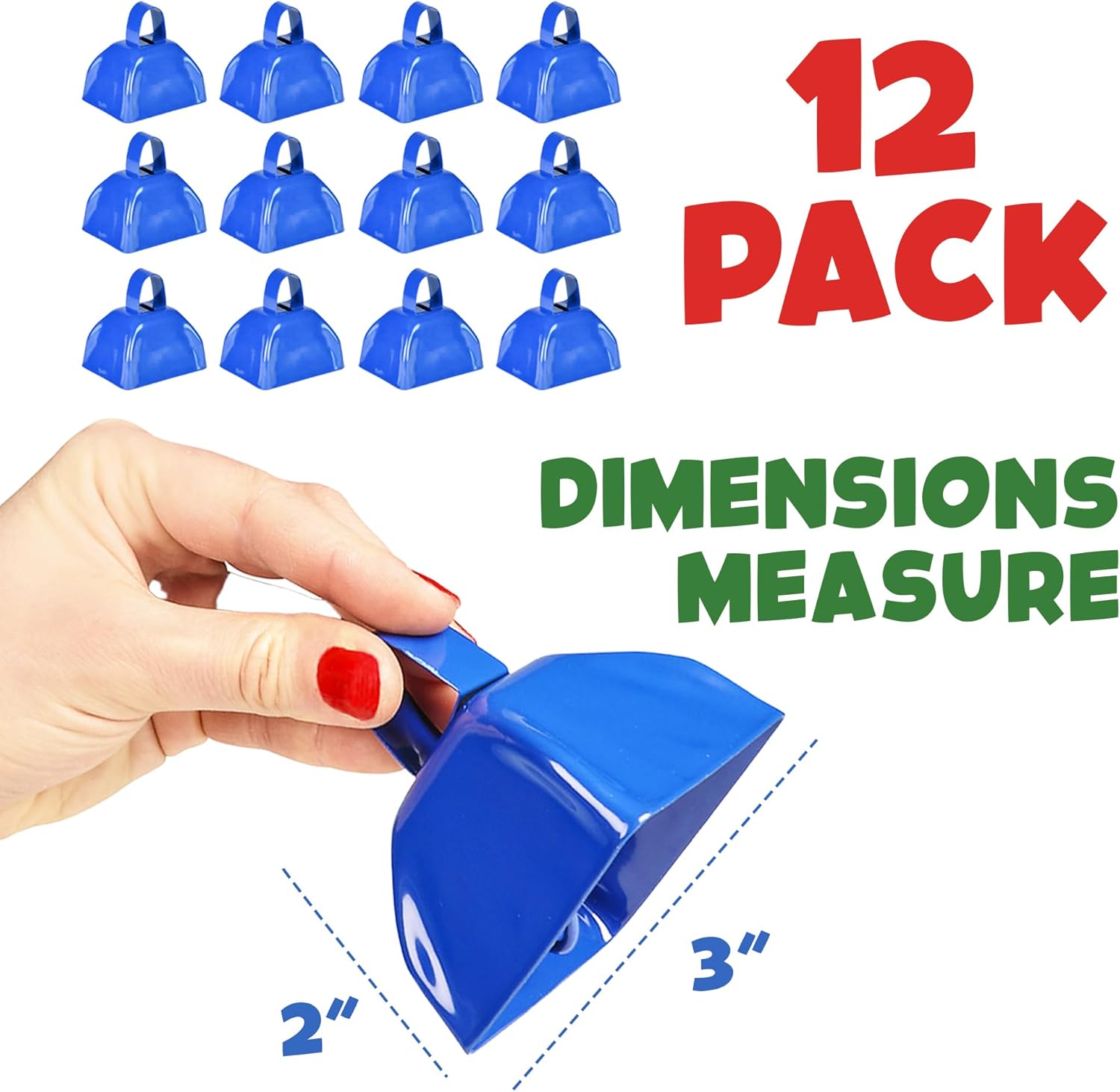 Metal Cowbells - Blue 3 Inch Cow Bells Noise Makers, Loud Call Bell with Handles for Sporting Events, Cheering, Team Spirit, Noisemakers, Weddings, (Pack of 12) - Image 8