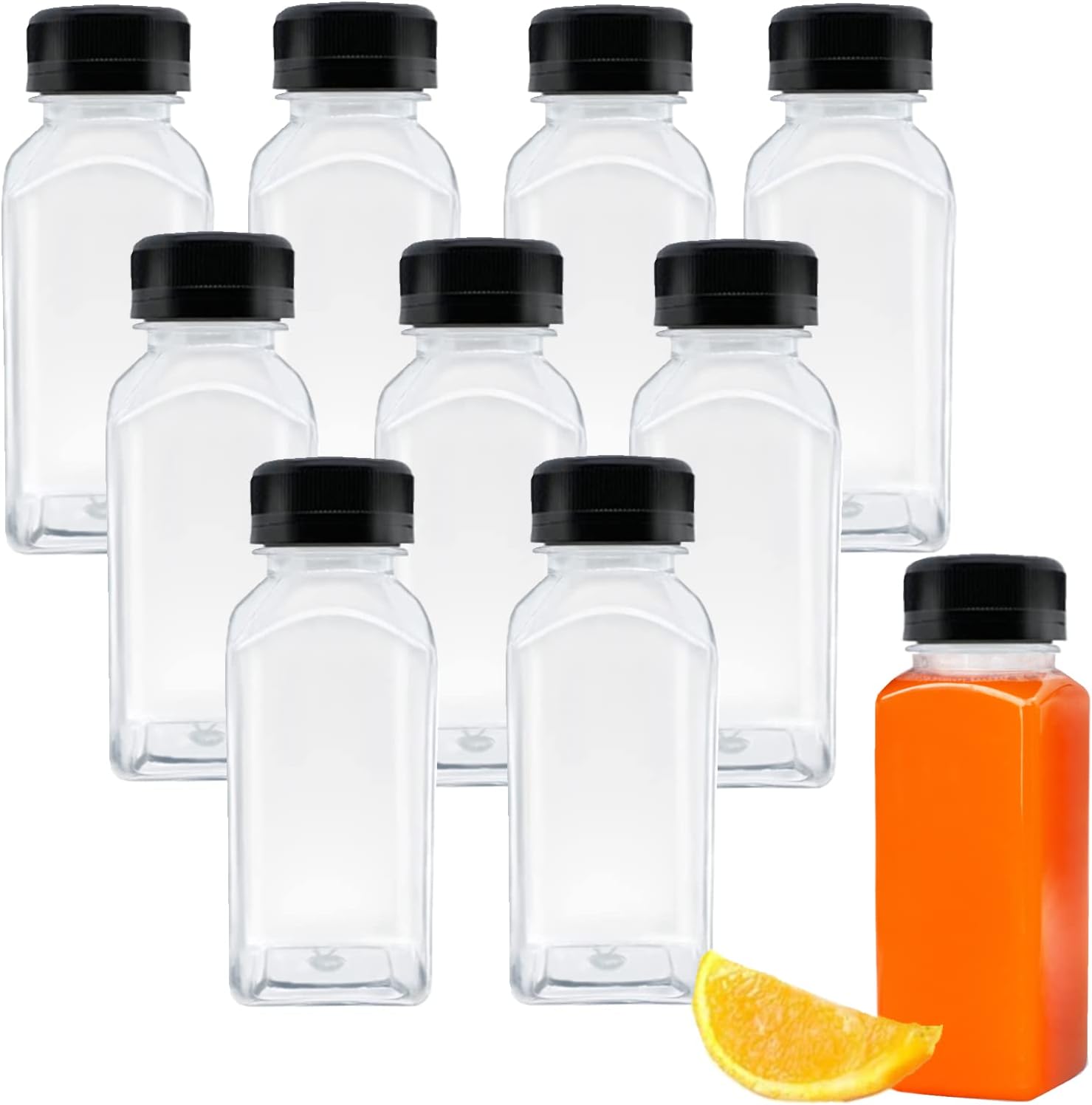10 Pack Empty Plastic Juice Bottles, 8 Ounce Beverage Container Bottle with Black Tamper Evident Lid, Suitable for Juice, Smoothie and Homemade Beverages - Image 1