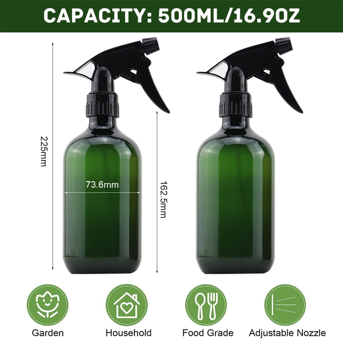 Plastic Spray Bottles 17OZ Empty Spray Bottle 2PCS Refillable Water Squirt Bottles Leakproof Water Spray Bottles for Cleaning Solution Alcohol Gardening Plants and Hairdressing, green - Image 3