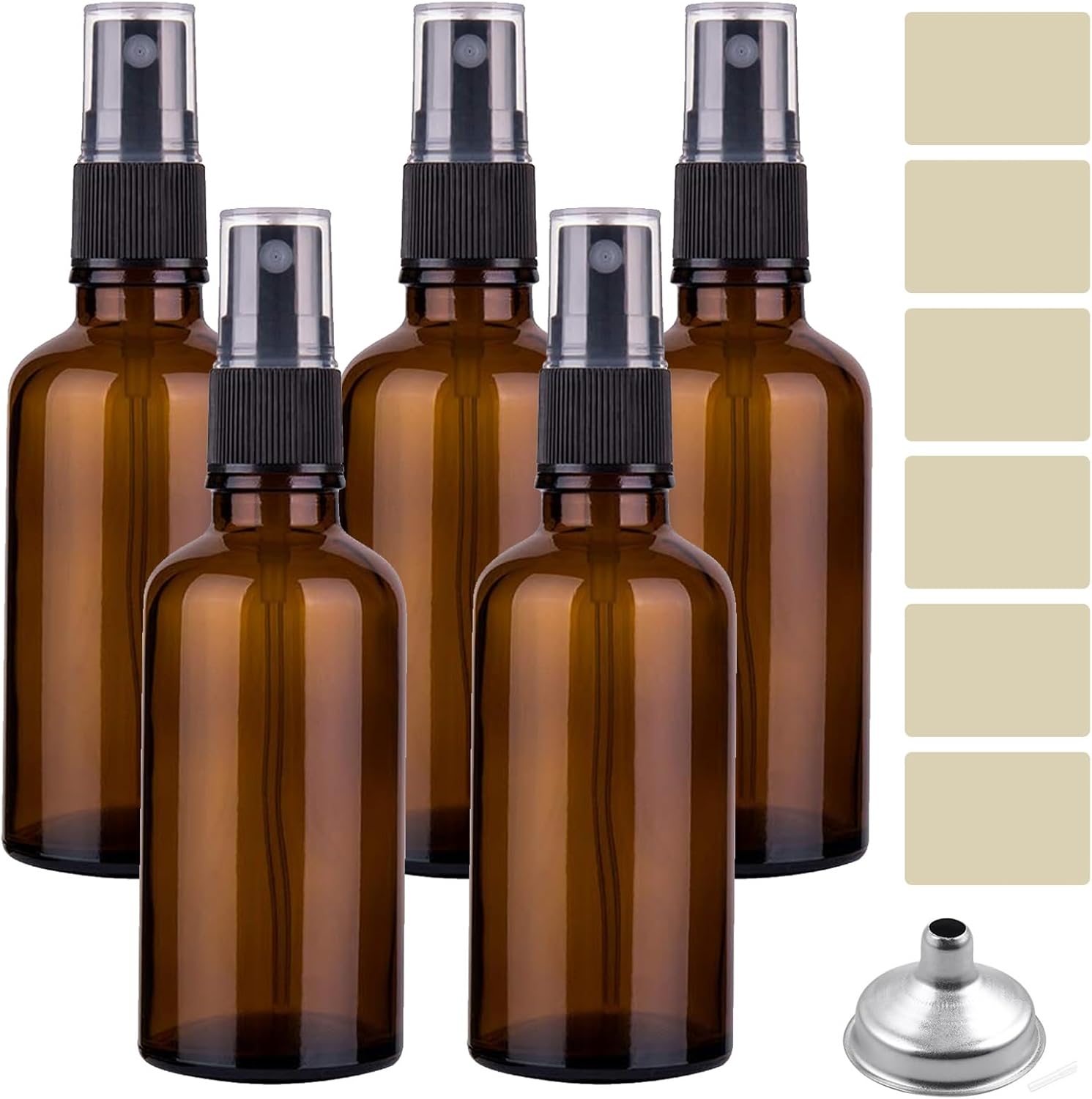 Glass Spray Bottles Amber Empty Spray Bottle Set of 5 Fine Mist Small Spraying Bottle with Funnel and Labels for Essential Oil Perfume Hair, 1.7oz - Image 1