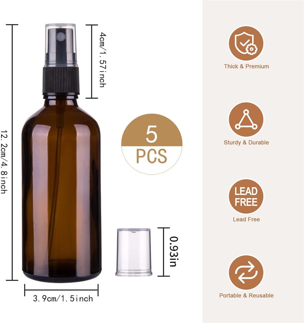 Glass Spray Bottles Amber Empty Spray Bottle Set of 5 Fine Mist Small Spraying Bottle with Funnel and Labels for Essential Oil Perfume Hair, 1.7oz - Image 3