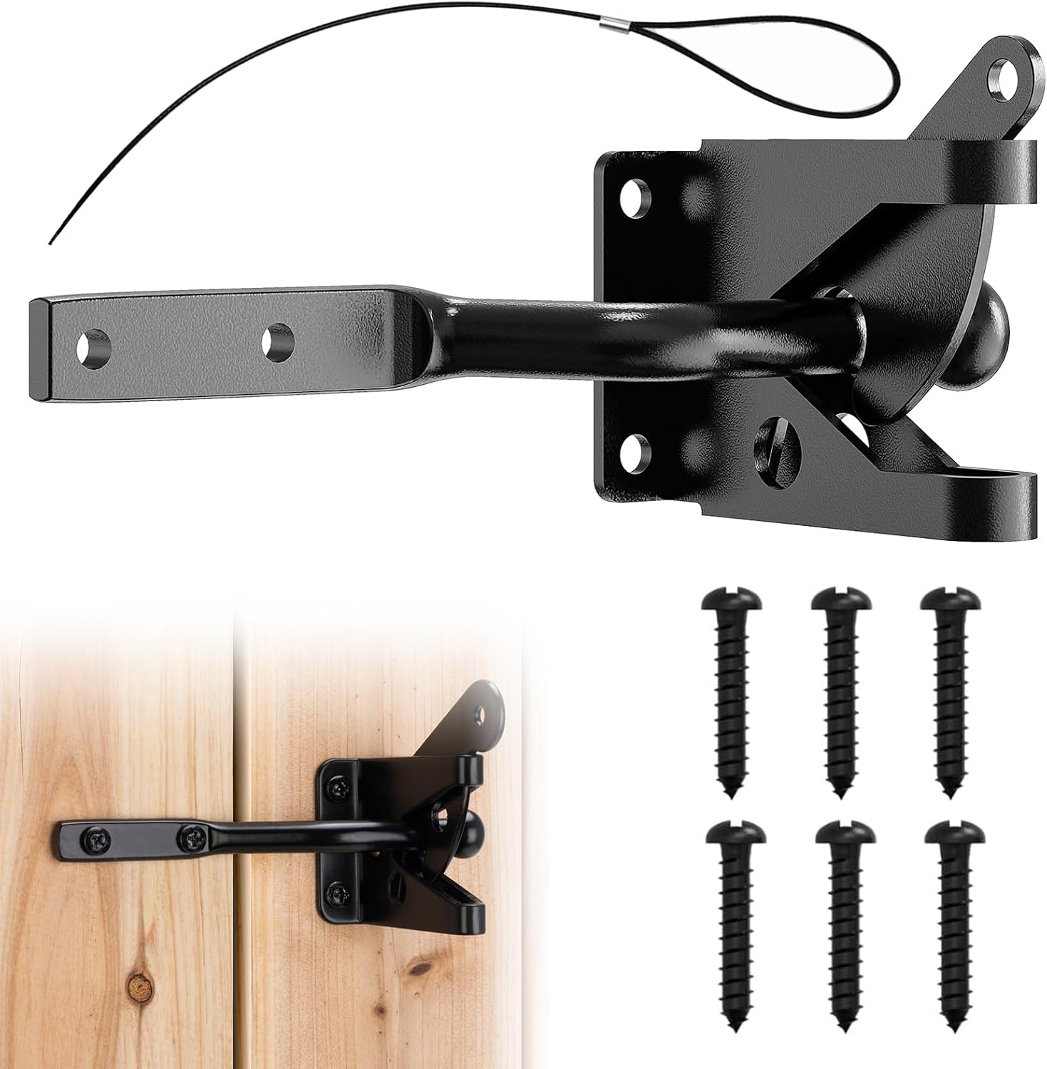 Gate Latch Self Locking Fence Gate Latch Automatic Gate Latch Door Latches with Pull Cable for Wooden Fence Gates Door, Black - Image 1