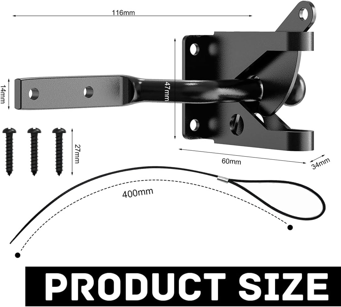 Gate Latch Self Locking Fence Gate Latch Automatic Gate Latch Door Latches with Pull Cable for Wooden Fence Gates Door, Black - Image 2