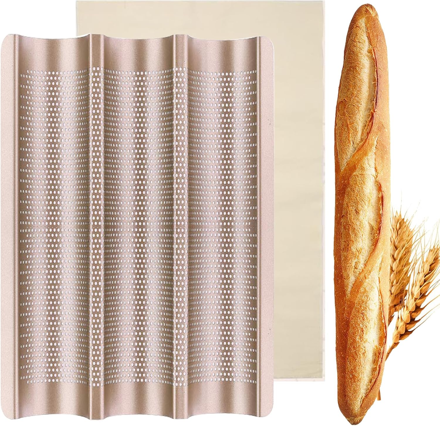 Baguette Pan, French Bread Baking Pan Perforated 3 Loaves Long Italian Bread Pan Mold Nonstick Baguettes Bakery Tray with Proofing Cloth,15