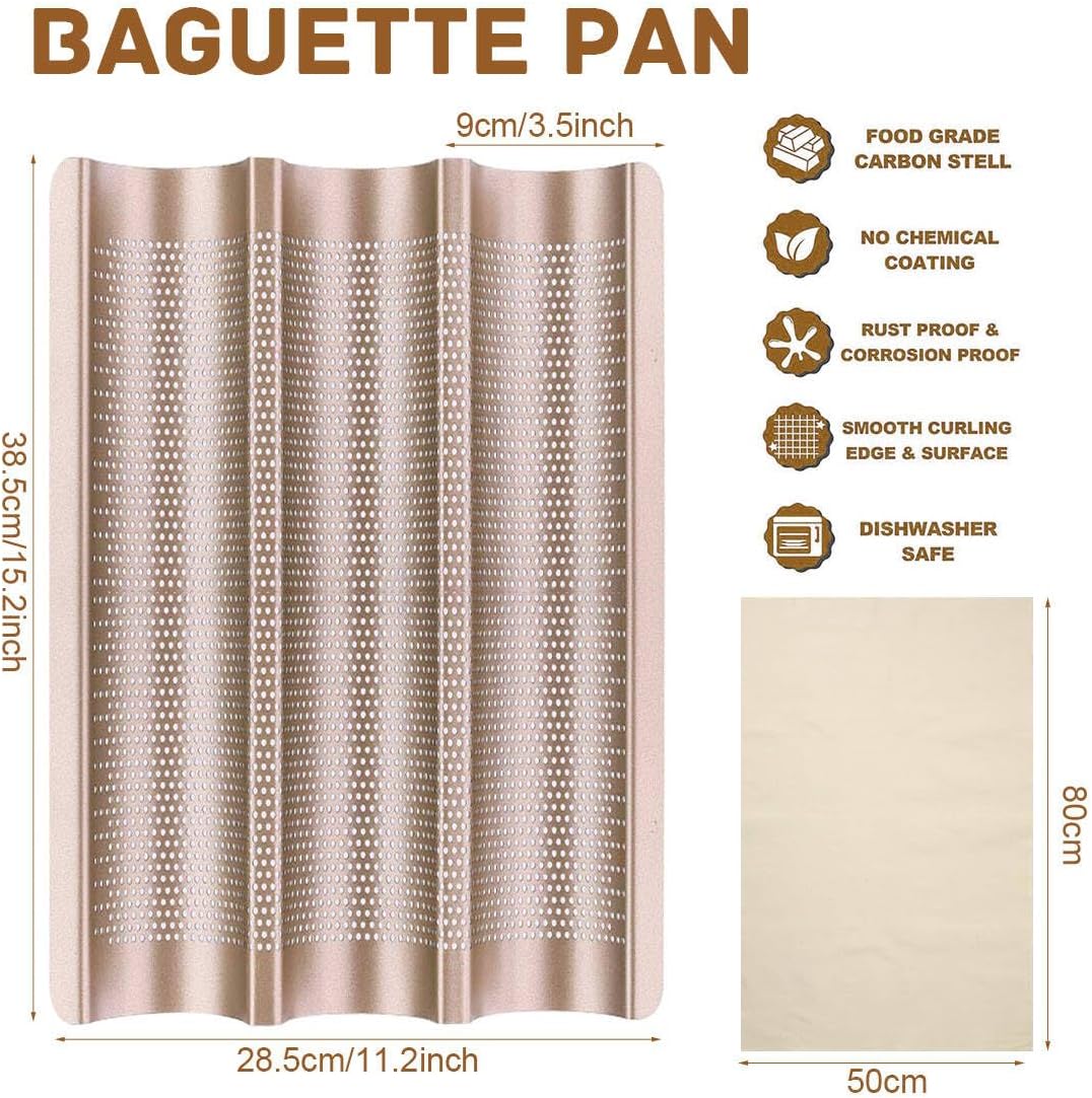 Baguette Pan, French Bread Baking Pan Perforated 3 Loaves Long Italian Bread Pan Mold Nonstick Baguettes Bakery Tray with Proofing Cloth,15