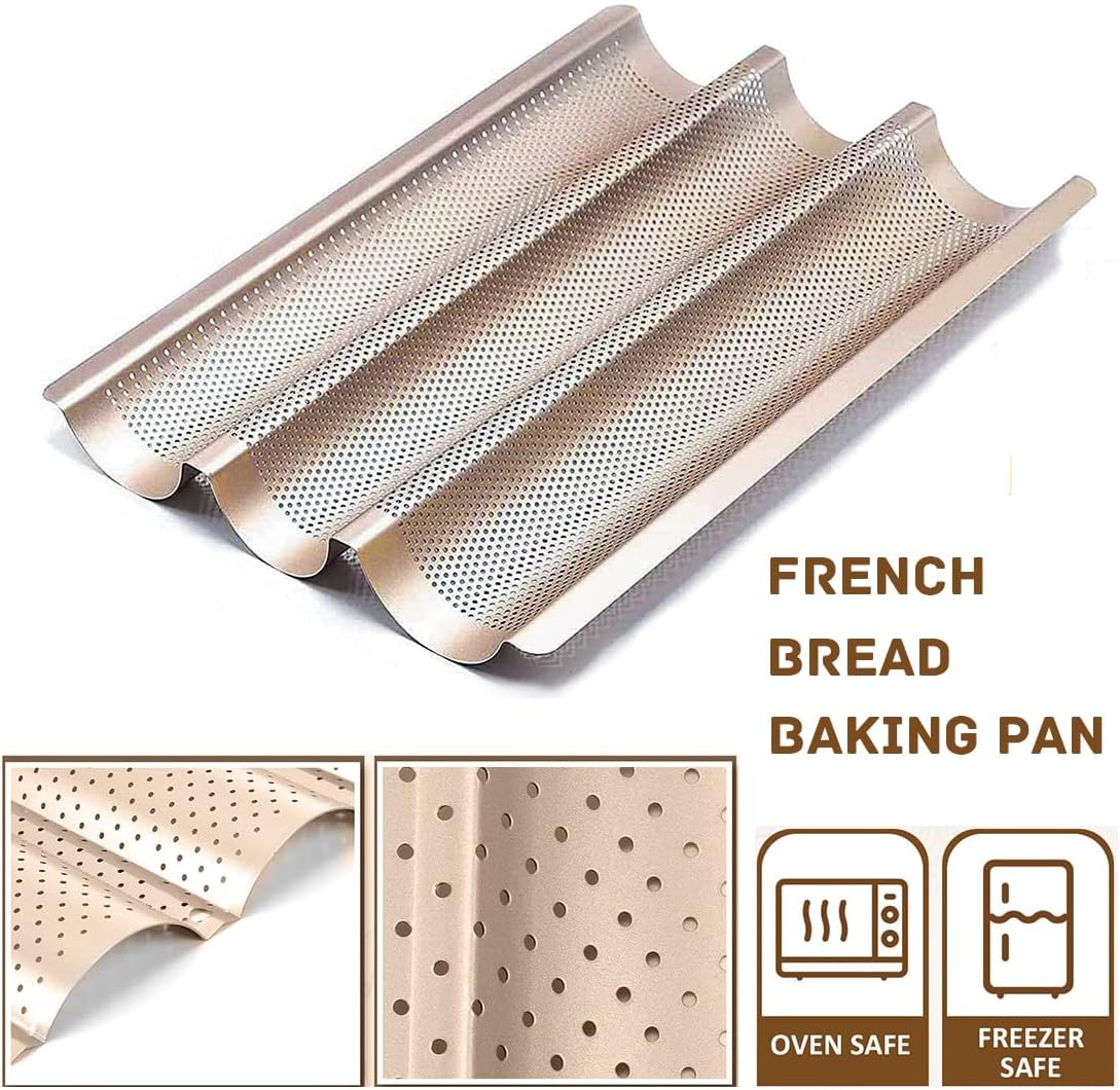 Baguette Pan, French Bread Baking Pan Perforated 3 Loaves Long Italian Bread Pan Mold Nonstick Baguettes Bakery Tray with Proofing Cloth,15