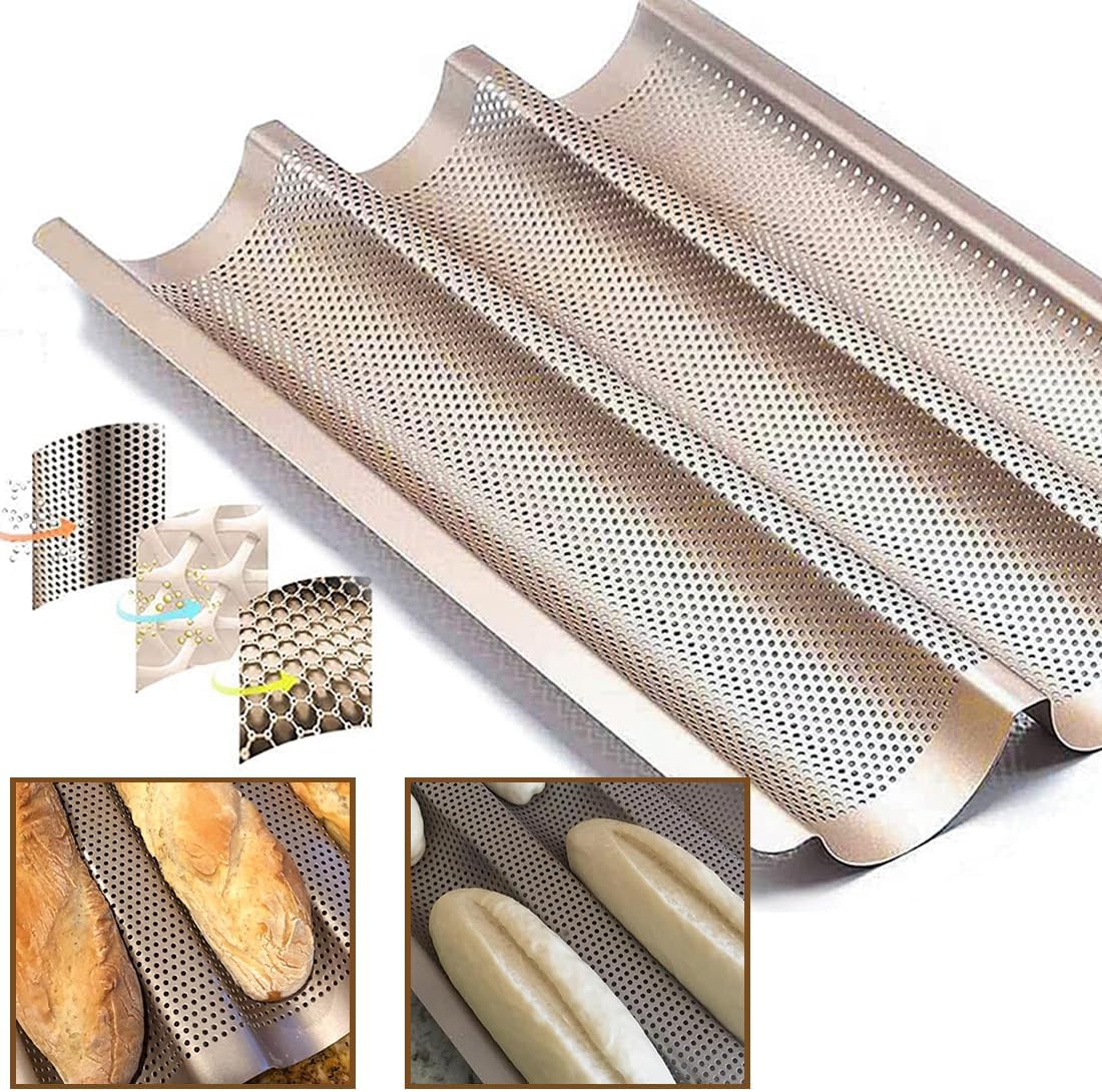 Baguette Pan, French Bread Baking Pan Perforated 3 Loaves Long Italian Bread Pan Mold Nonstick Baguettes Bakery Tray with Proofing Cloth,15