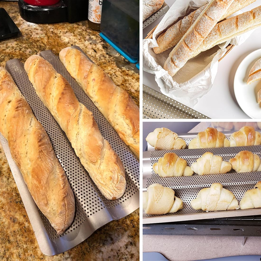 Baguette Pan, French Bread Baking Pan Perforated 3 Loaves Long Italian Bread Pan Mold Nonstick Baguettes Bakery Tray with Proofing Cloth,15