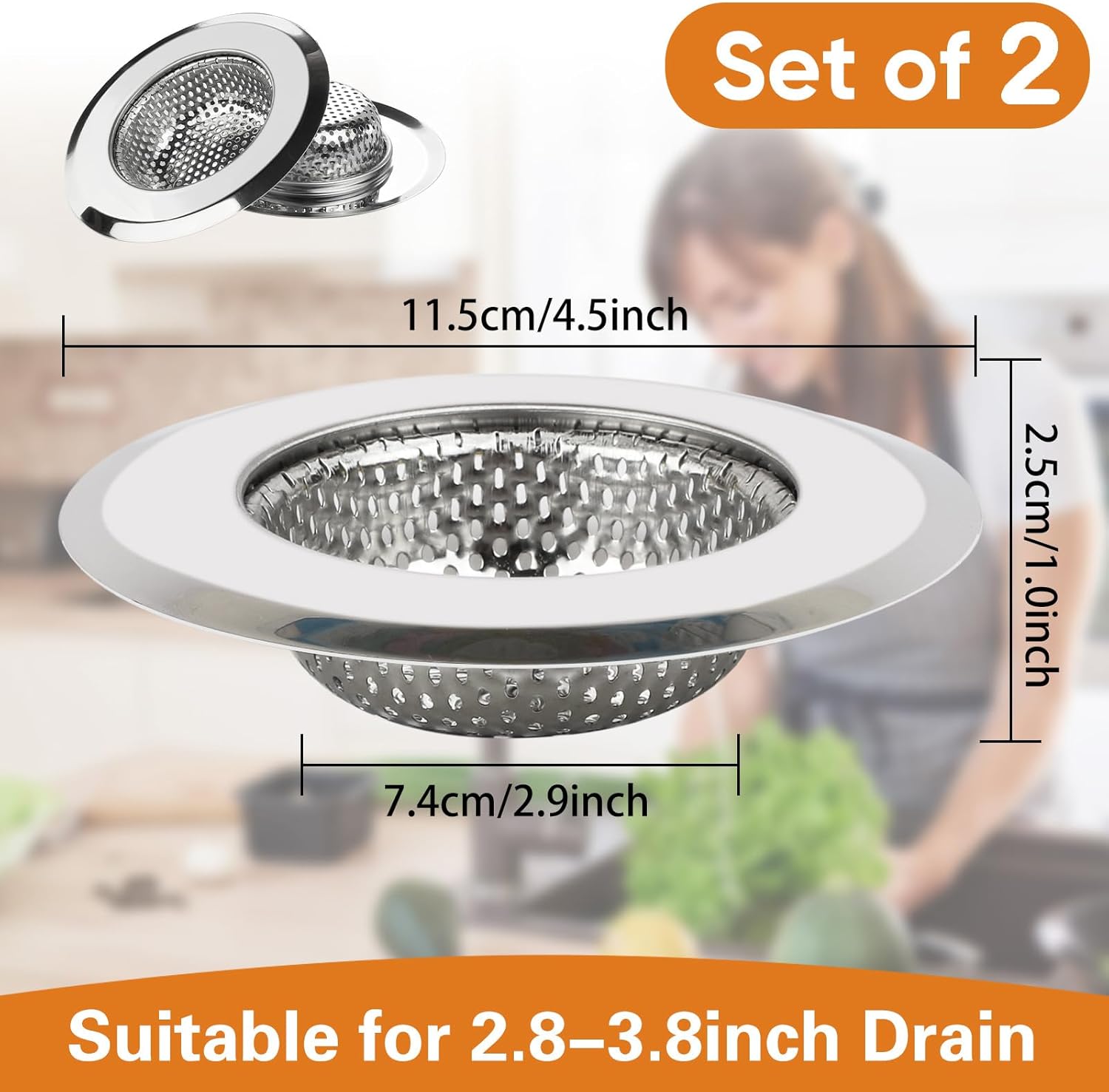 Kitchen Sink Strainer 2 Pack, 4.5 Inch/11.5cm Stainless Steel Sink Drain Strainer Kit Food Catcher for Kitchen Sink - Image 2