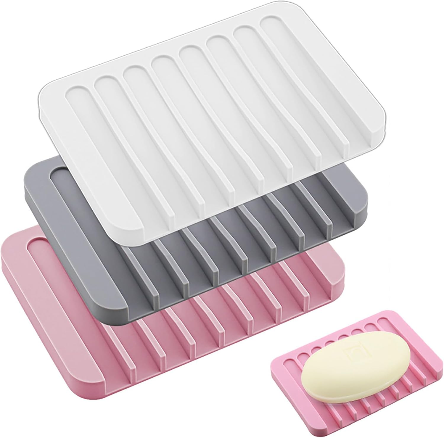 3 Pack Silicone Soap Dish Tray Holder Drainer, Soap Drainer Shower Waterfall for Bathroom and Kitchen, Keep Bars Dry Easy Cleaning (Grey+White+Pink) - Image 1
