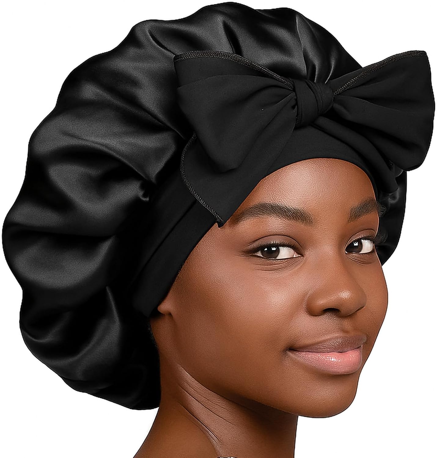 Silk Bonnet for Sleeping Women, Satin Bonnet Double Layer Satin Lined Night Sleep Hair Cap for Curly Hair with Tie Band Black - Image 1
