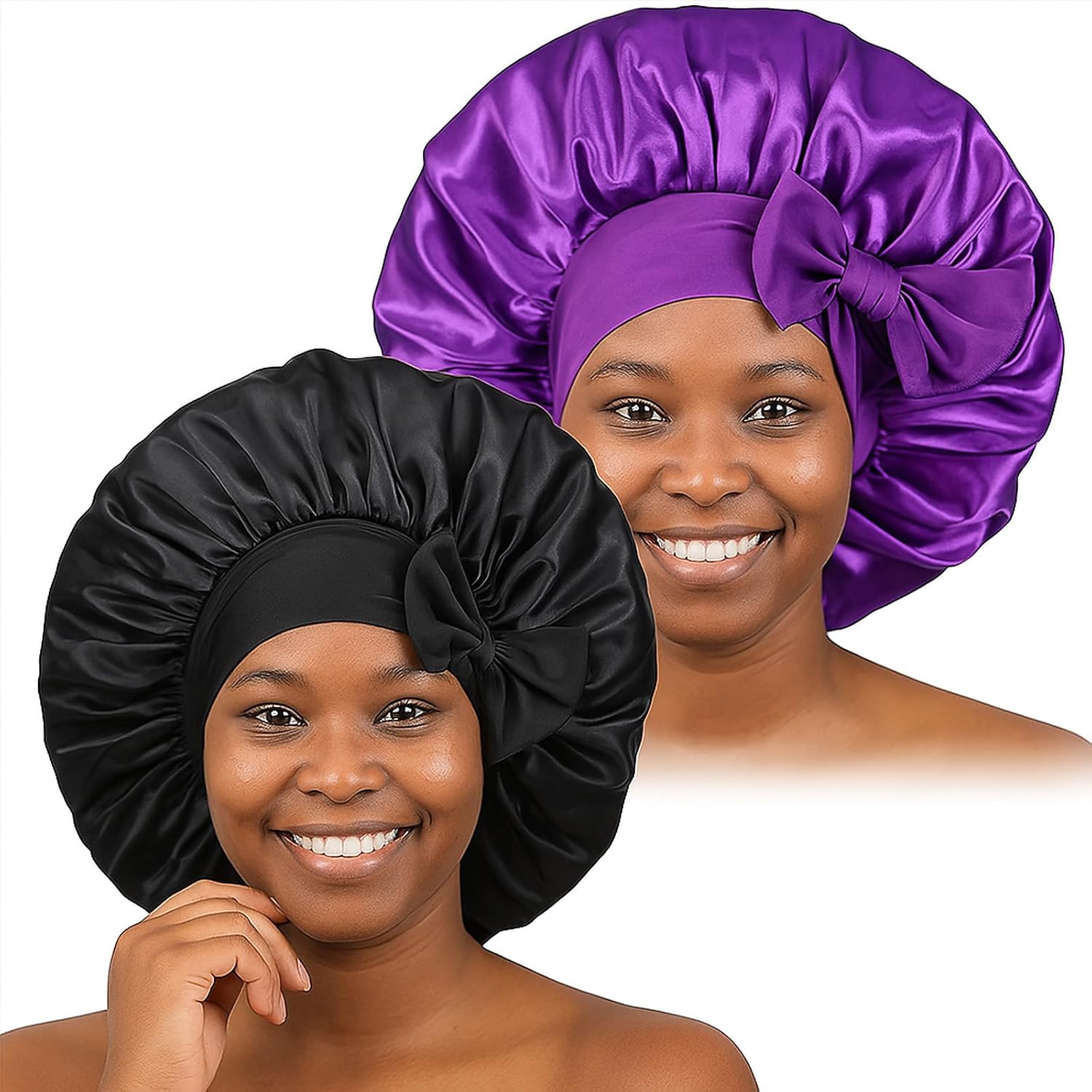 2PCS Silk Bonnet for Sleeping Women, Satin Bonnet Night Sleep Hair Cap for Curly Hair with Tie Band (Black+Purple) - Image 1
