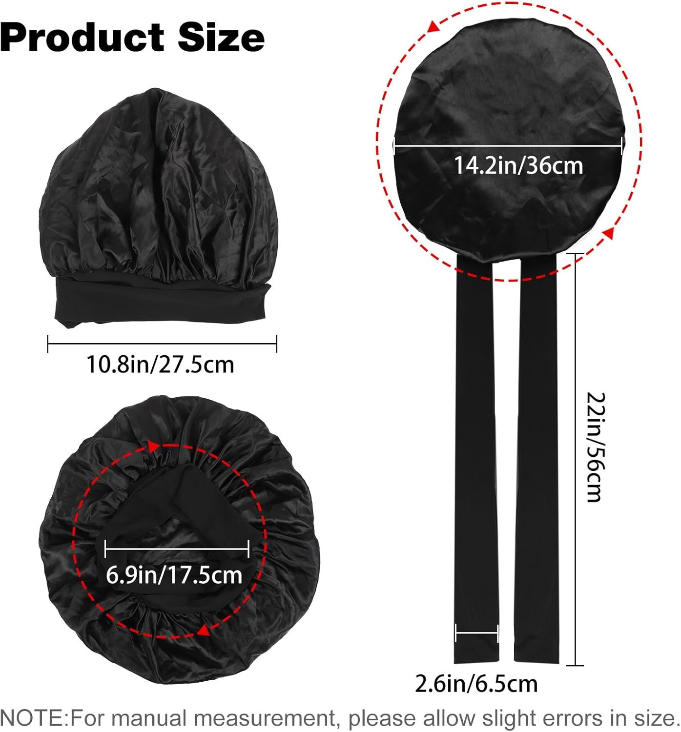 2PCS Silk Bonnet for Sleeping Women, Satin Bonnet Night Sleep Hair Cap for Curly Hair with Tie Band (Black+Purple) - Image 2