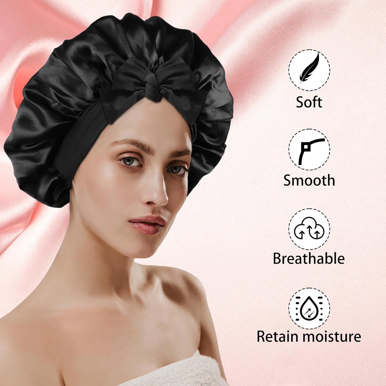2PCS Silk Bonnet for Sleeping Women, Satin Bonnet Night Sleep Hair Cap for Curly Hair with Tie Band (Black+Purple) - Image 3