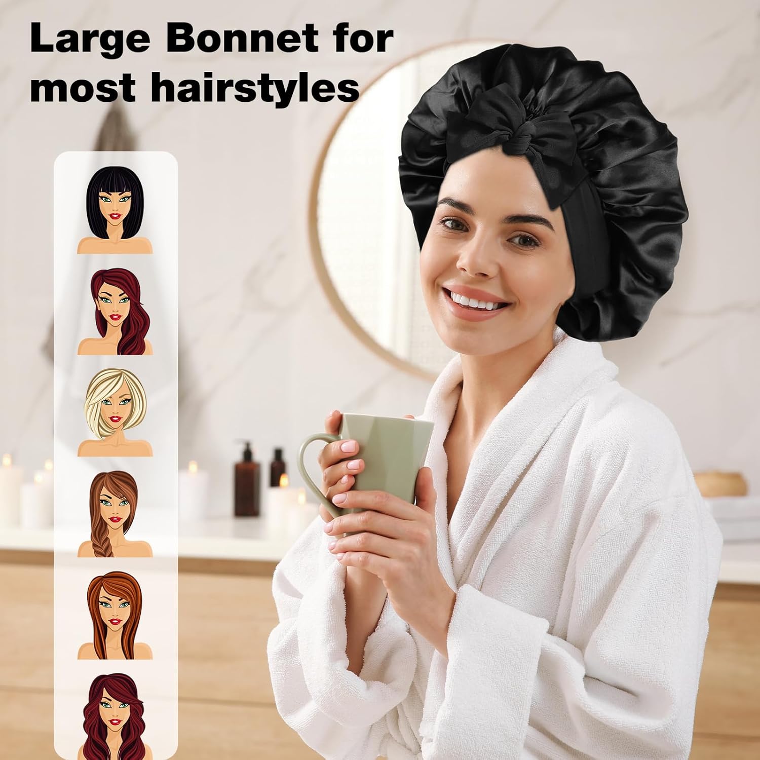 2PCS Silk Bonnet for Sleeping Women, Satin Bonnet Night Sleep Hair Cap for Curly Hair with Tie Band (Black+Purple) - Image 4