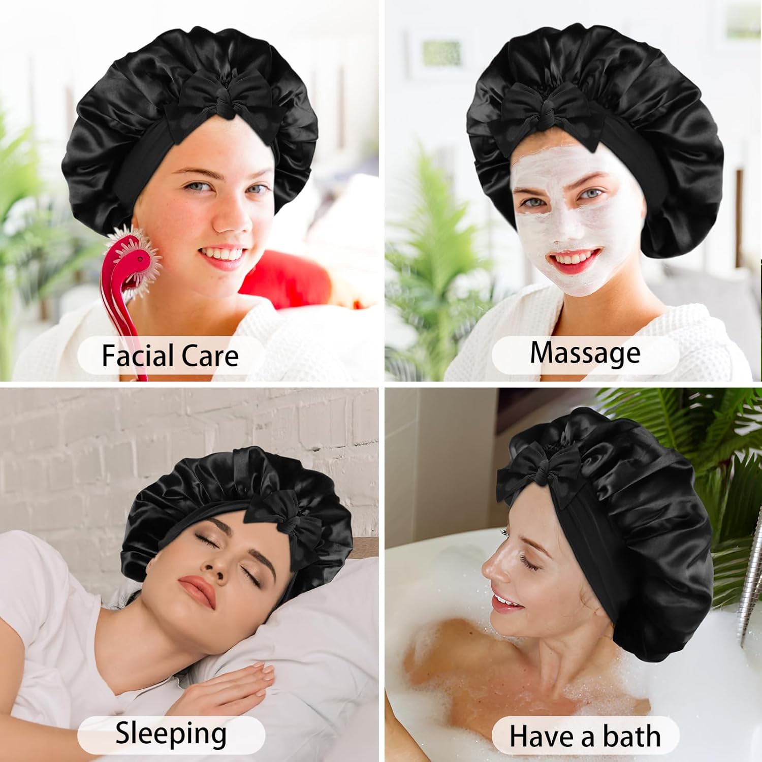 2PCS Silk Bonnet for Sleeping Women, Satin Bonnet Night Sleep Hair Cap for Curly Hair with Tie Band (Black+Purple) - Image 5