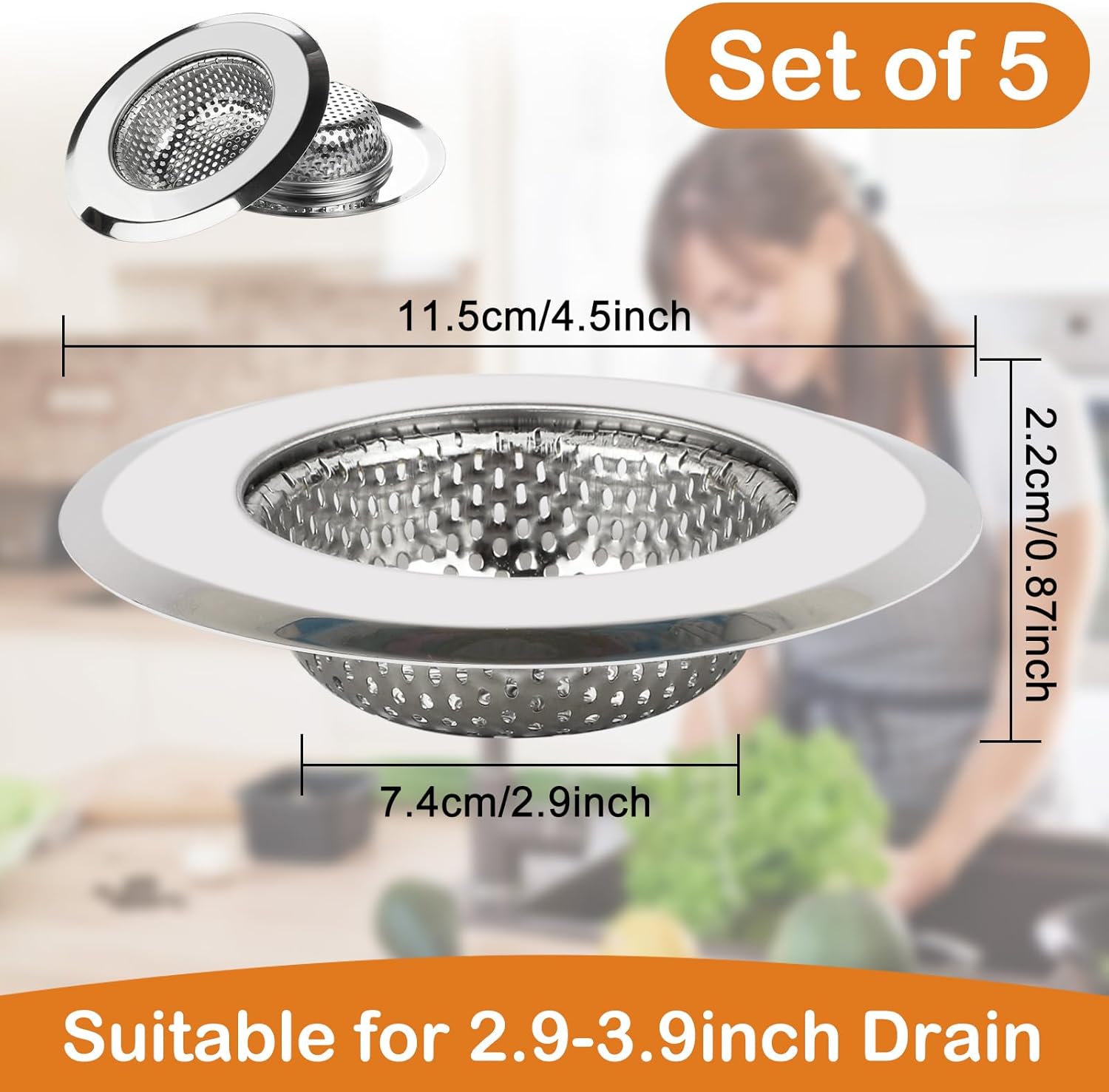 Kitchen Sink Strainer 5 Pcs, 4.5 Inch/11.5cm Stainless Steel Sink Drain Strainer Kit Food Catcher for Kitchen Sink - Image 2