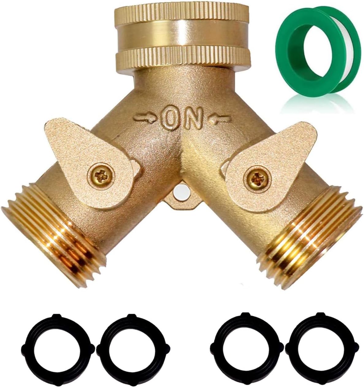 2 Way Heavy Duty Brass Garden Hose Connector Tap Splitter for Lawn and Garden - Outlet Splitter, Hose Splitter, Hose Spigot Adapter with 2 Valves, Plus 4 Extra Rubber Washers - Image 1