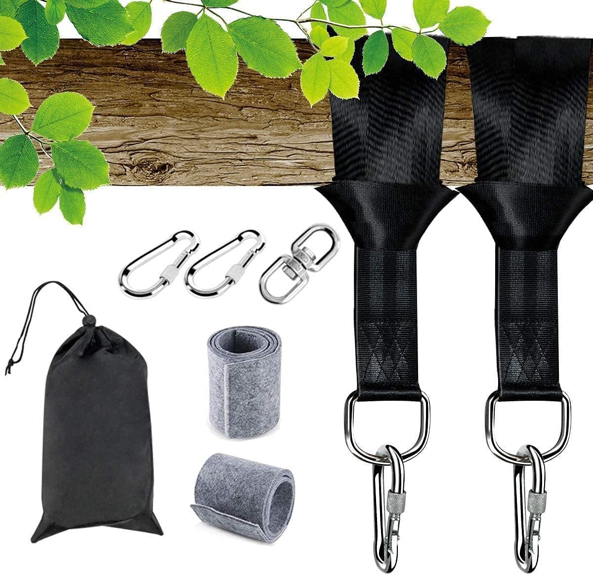 Tree Swing Straps Hanging Kit Holds 2200 lbs, 5FT Swing Straps 2 Pack Tree Protector Mats with 2 Safety Heavy Duty Carabiner & 1 Stainless Steel Swivel, Carry Bag Included, Perfect for Hammocks & Most Swing Seats - Image 1
