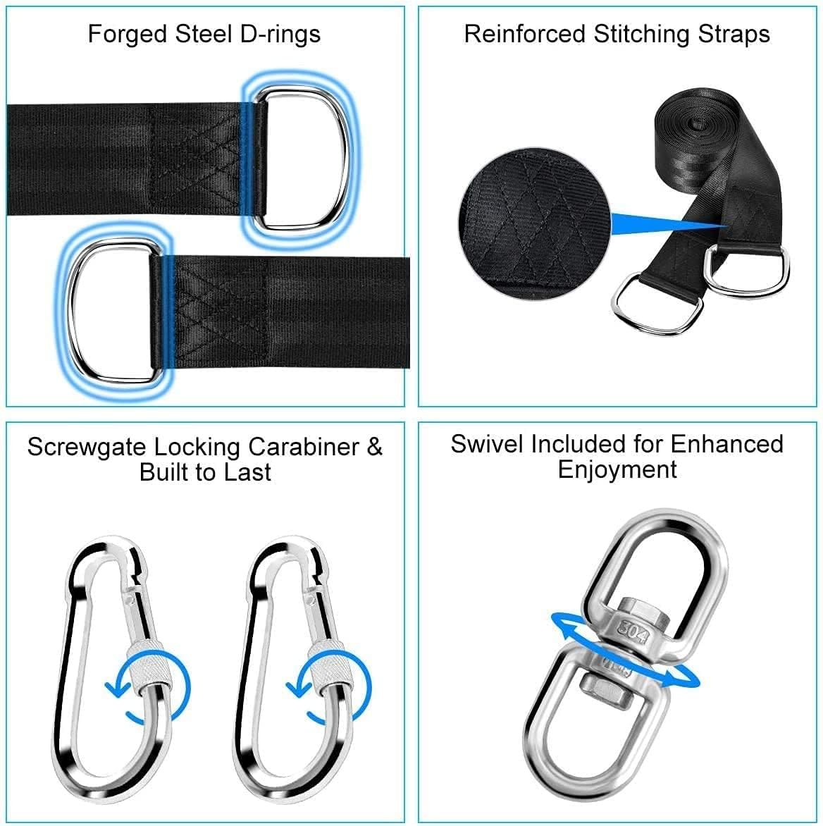 Tree Swing Straps Hanging Kit Holds 2200 lbs, 5FT Swing Straps 2 Pack Tree Protector Mats with 2 Safety Heavy Duty Carabiner & 1 Stainless Steel Swivel, Carry Bag Included, Perfect for Hammocks & Most Swing Seats - Image 3