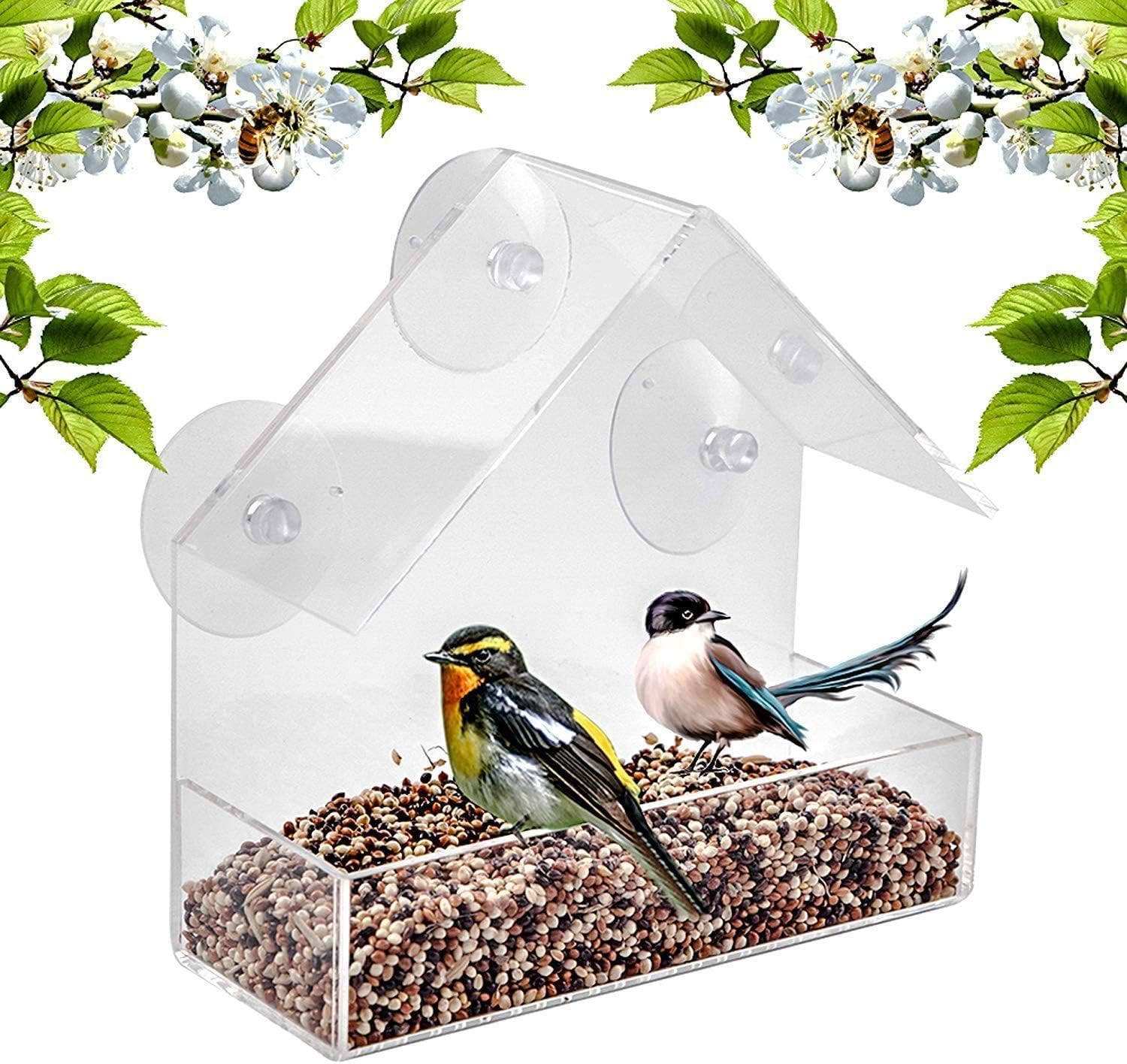 Bird Feeder, Window Bird House Crystal Clear Acrylic with Seed Tray, Drain Holes and 3 Suction Cups, Weatherproof Design, Squirrel Resistant, Drains Rain Water, Great Gift Idea for Nature Lovers - Image 1