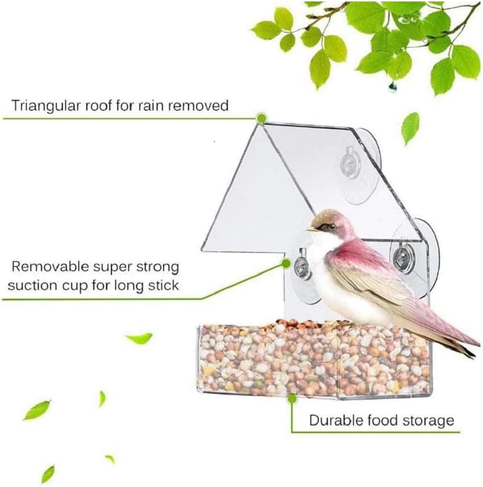 Bird Feeder, Window Bird House Crystal Clear Acrylic with Seed Tray, Drain Holes and 3 Suction Cups, Weatherproof Design, Squirrel Resistant, Drains Rain Water, Great Gift Idea for Nature Lovers - Image 3