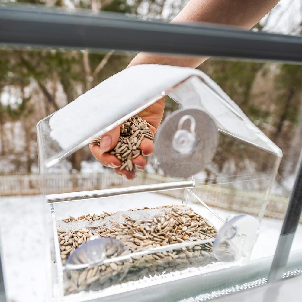 Bird Feeder, Window Bird House Crystal Clear Acrylic with Seed Tray, Drain Holes and 3 Suction Cups, Weatherproof Design, Squirrel Resistant, Drains Rain Water, Great Gift Idea for Nature Lovers - Image 7