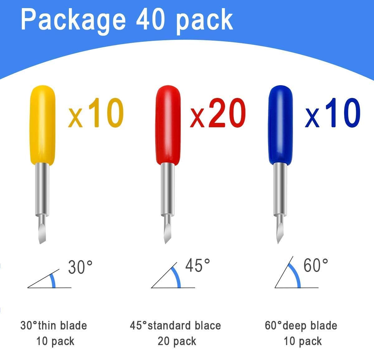 40PCS Replacement Blades for Explore Air/Air 2 Vinyl Cutting Machines, 20PCS 45° Standard + 10PCS 30° + 10PCS 60° Deep Cut Vinyl Fabric Cutting Blades Replacements - Image 2