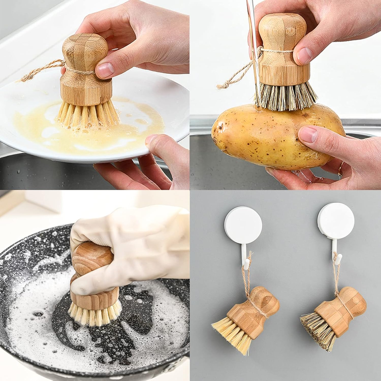 Dish Scrub Brush Dish Scrubber, 4 Packs Natural Bamboo Dish Brush Full Circle Palm Scrub Brush for Cleaning Pots Pans Vegetables (3.12 x 2.2 in) - Image 4
