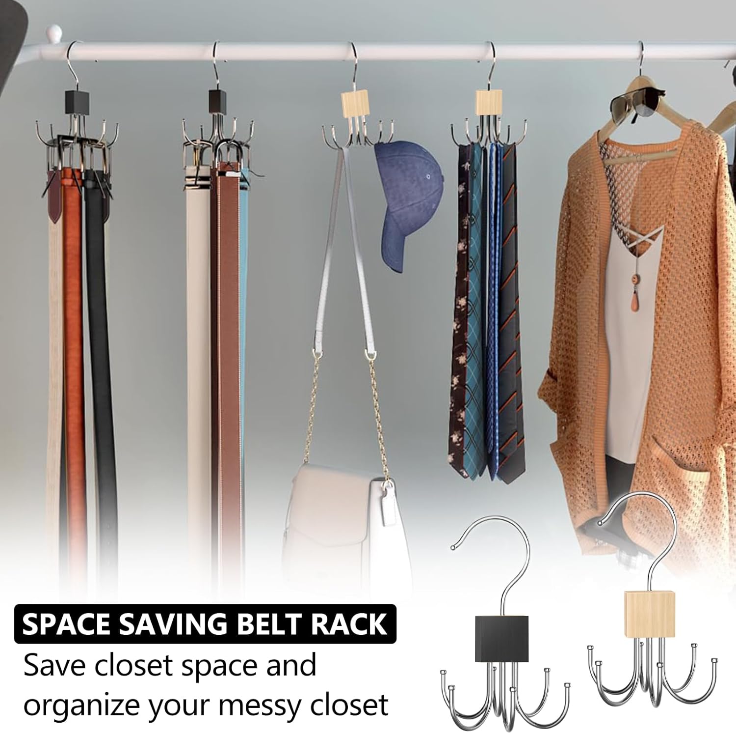 Belt Hanger Tie Rack, 2 Pcs Closet Hanger Organizer 360° Rotatable Metal Belt Holder for Closet Accessories Organizer and Storage - Image 3