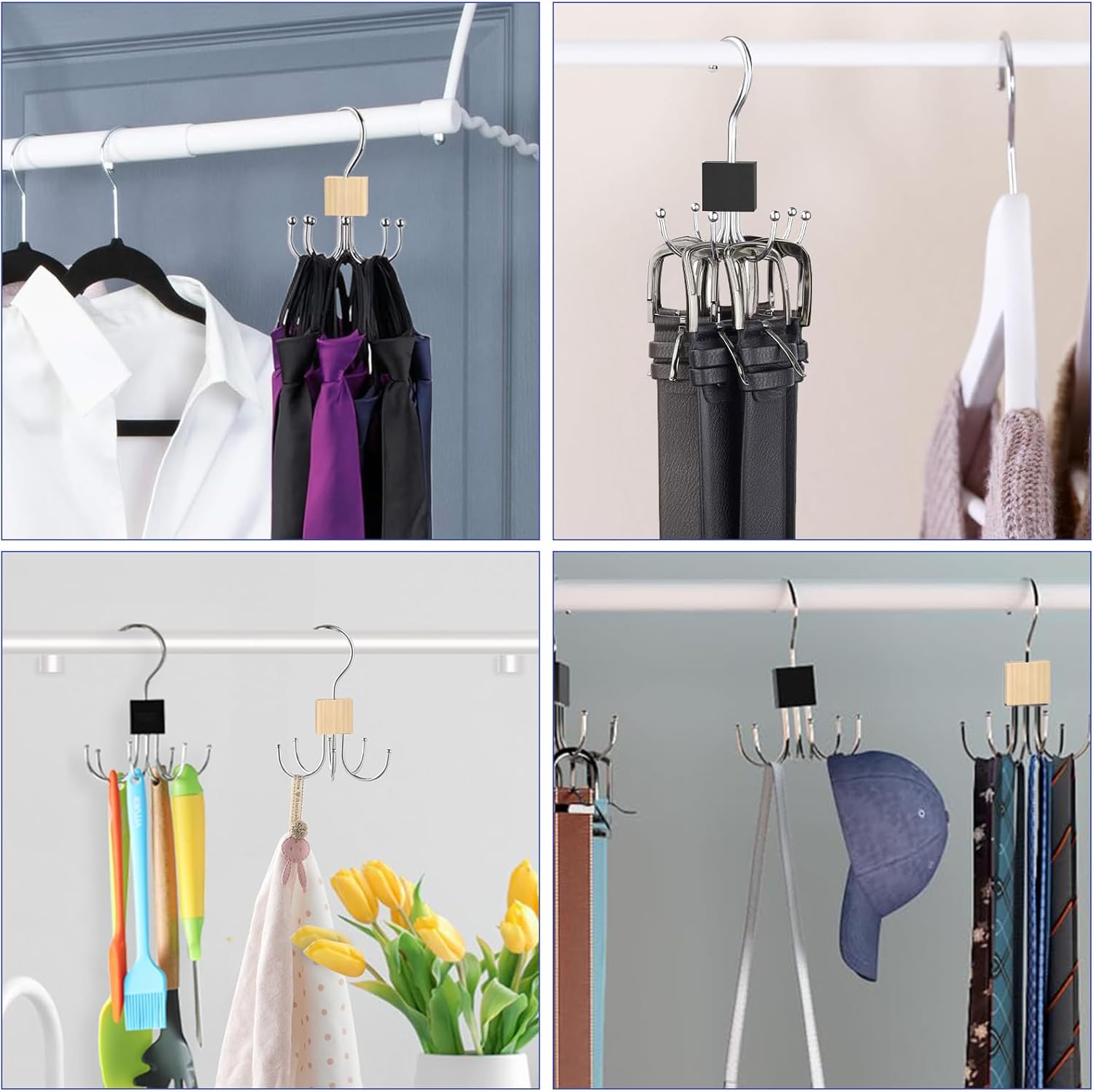 Belt Hanger Tie Rack, 2 Pcs Closet Hanger Organizer 360° Rotatable Metal Belt Holder for Closet Accessories Organizer and Storage - Image 6