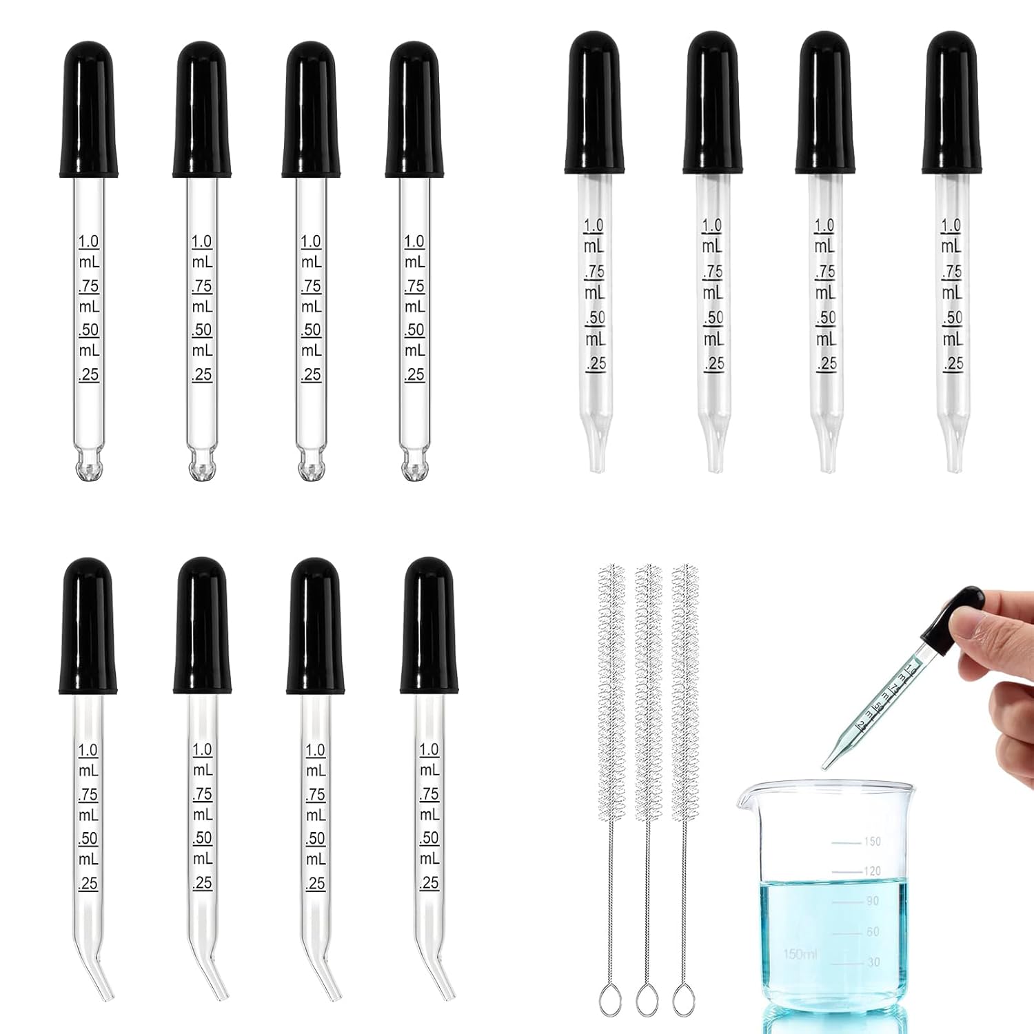 Eye Dropper Glass Pipette 12 Pcs 1ml, Calibrated Capacity Droppers with Measurements 4 Bent, 4 Ball & 4 Straight Tip with 3 Cleaning Brush for Laboratory, Liquid, Essential Oils - Image 1