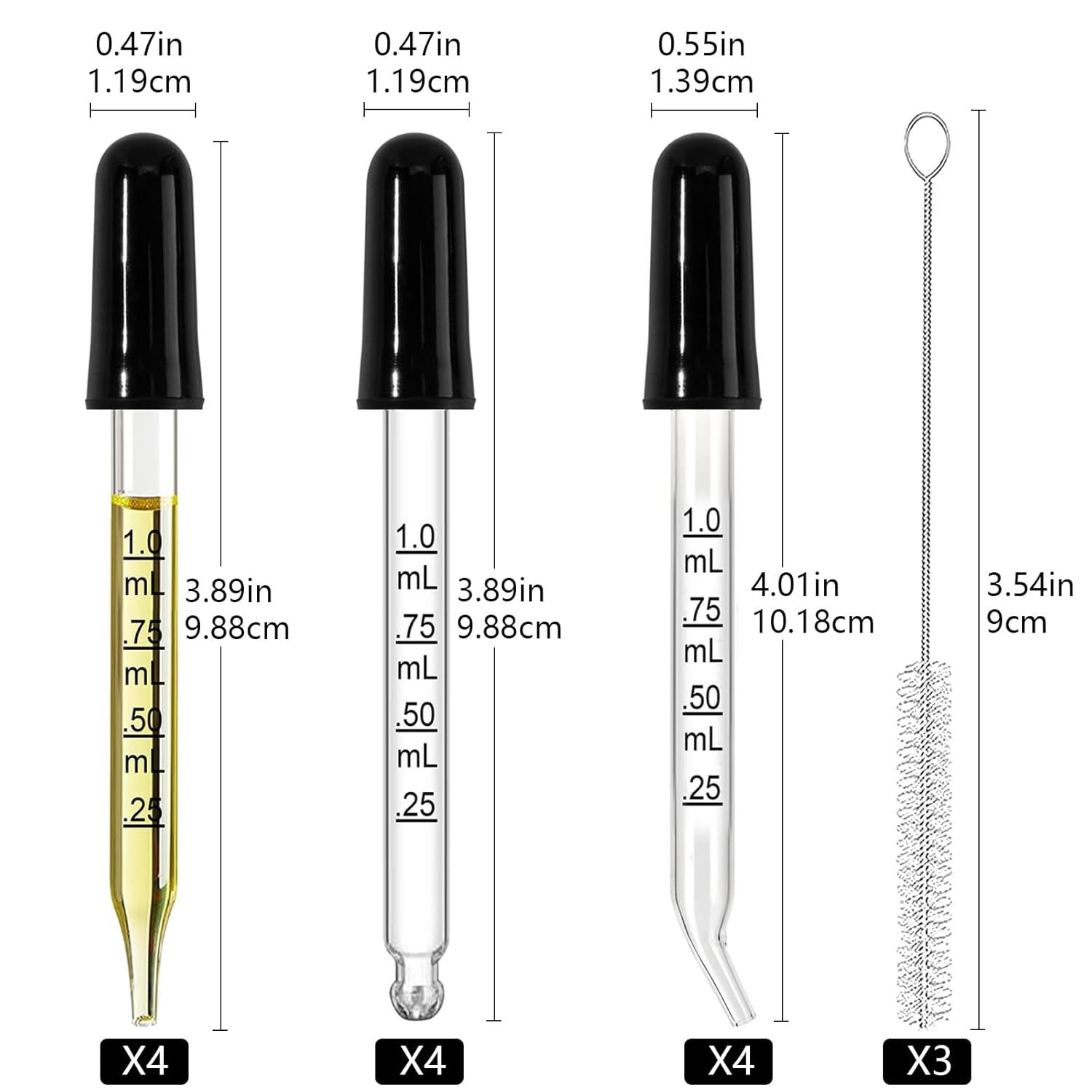 Eye Dropper Glass Pipette 12 Pcs 1ml, Calibrated Capacity Droppers with Measurements 4 Bent, 4 Ball & 4 Straight Tip with 3 Cleaning Brush for Laboratory, Liquid, Essential Oils - Image 2