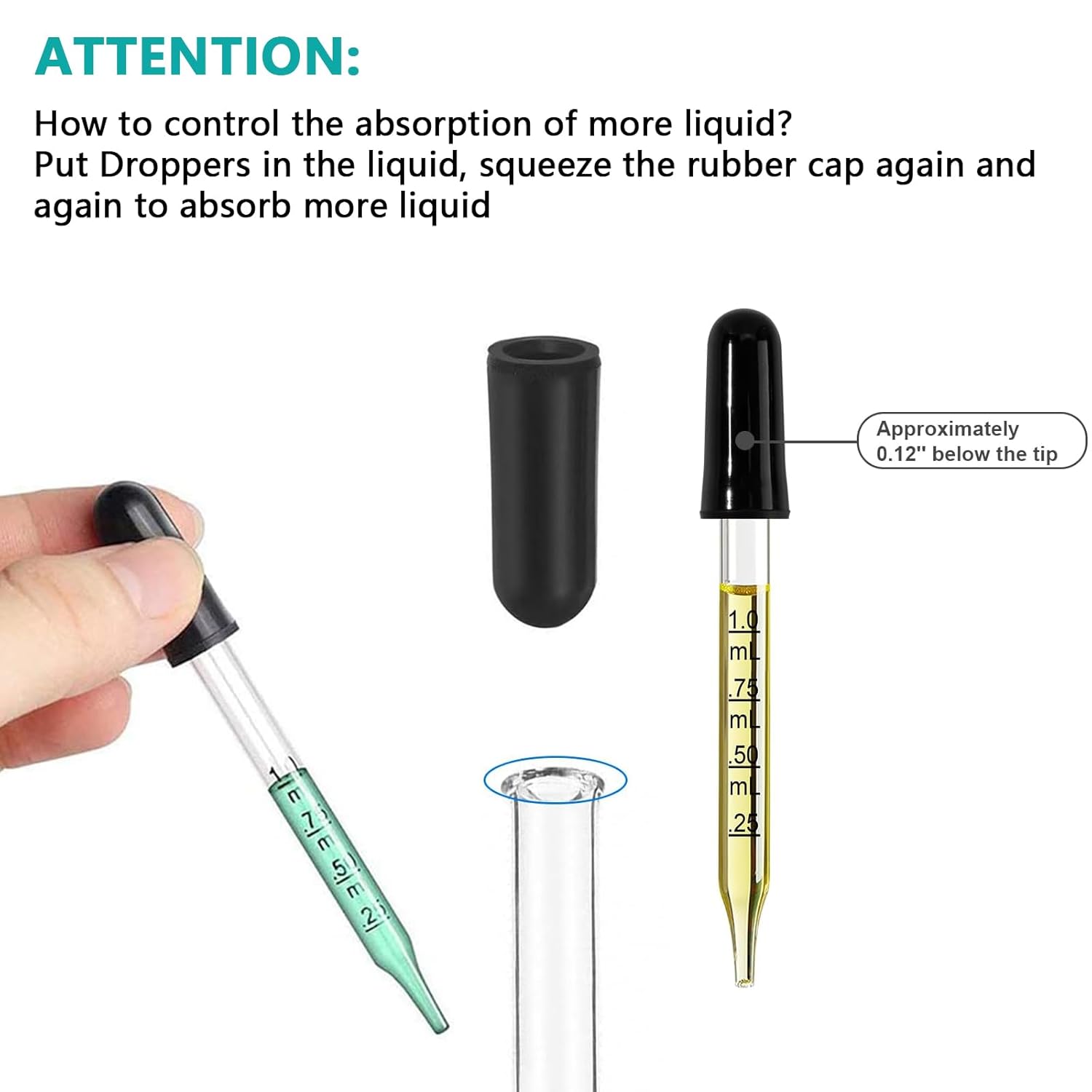 Eye Dropper Glass Pipette 12 Pcs 1ml, Calibrated Capacity Droppers with Measurements 4 Bent, 4 Ball & 4 Straight Tip with 3 Cleaning Brush for Laboratory, Liquid, Essential Oils - Image 3