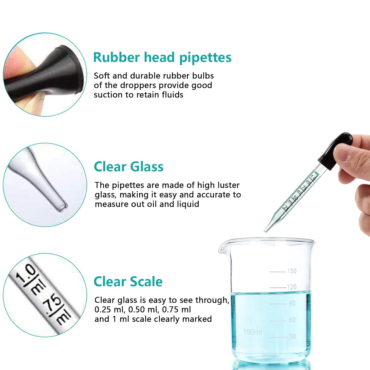 Eye Dropper Glass Pipette 12 Pcs 1ml, Calibrated Capacity Droppers with Measurements 4 Bent, 4 Ball & 4 Straight Tip with 3 Cleaning Brush for Laboratory, Liquid, Essential Oils - Image 4