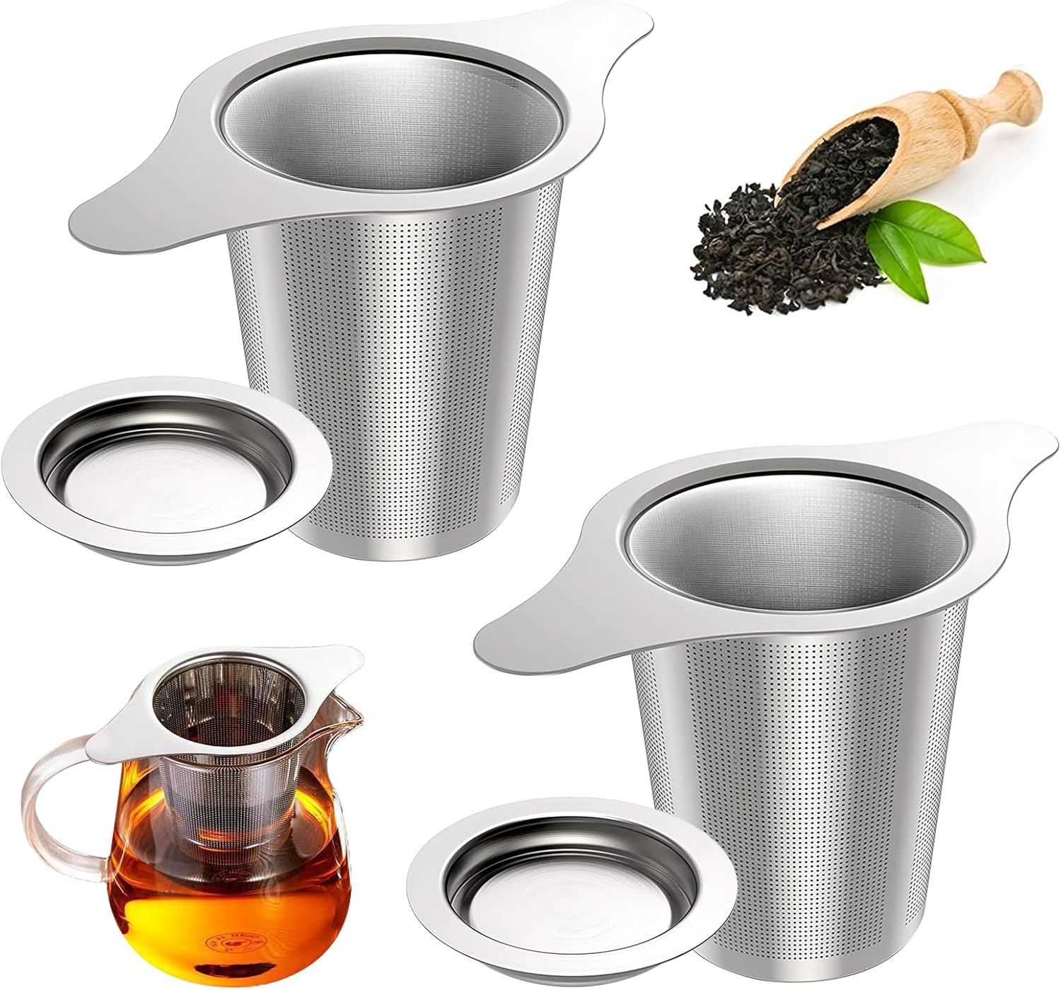 2 Pack Tea Infuser Stainless Steel Mesh Strainer, Tea Strainer Steeper Filter with Double Handles for Hanging on Teapots, Mugs, Cups to Steep Loose Leaf Tea and Coffee, Large Capacity (Silver) - Image 1