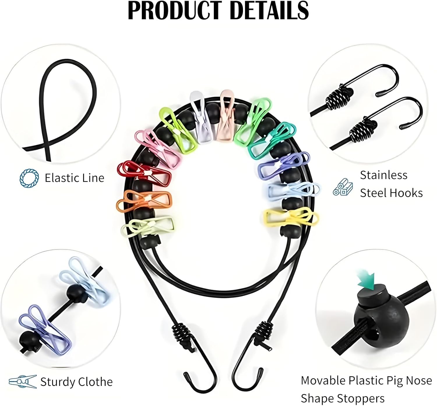 Travel Clothesline, Portable Clothes Line Outdoor with 12 Clips Elastic Clothesline for Indoor Outdoor Balcony Travel Camping Accessories(Multicolour) - Image 3
