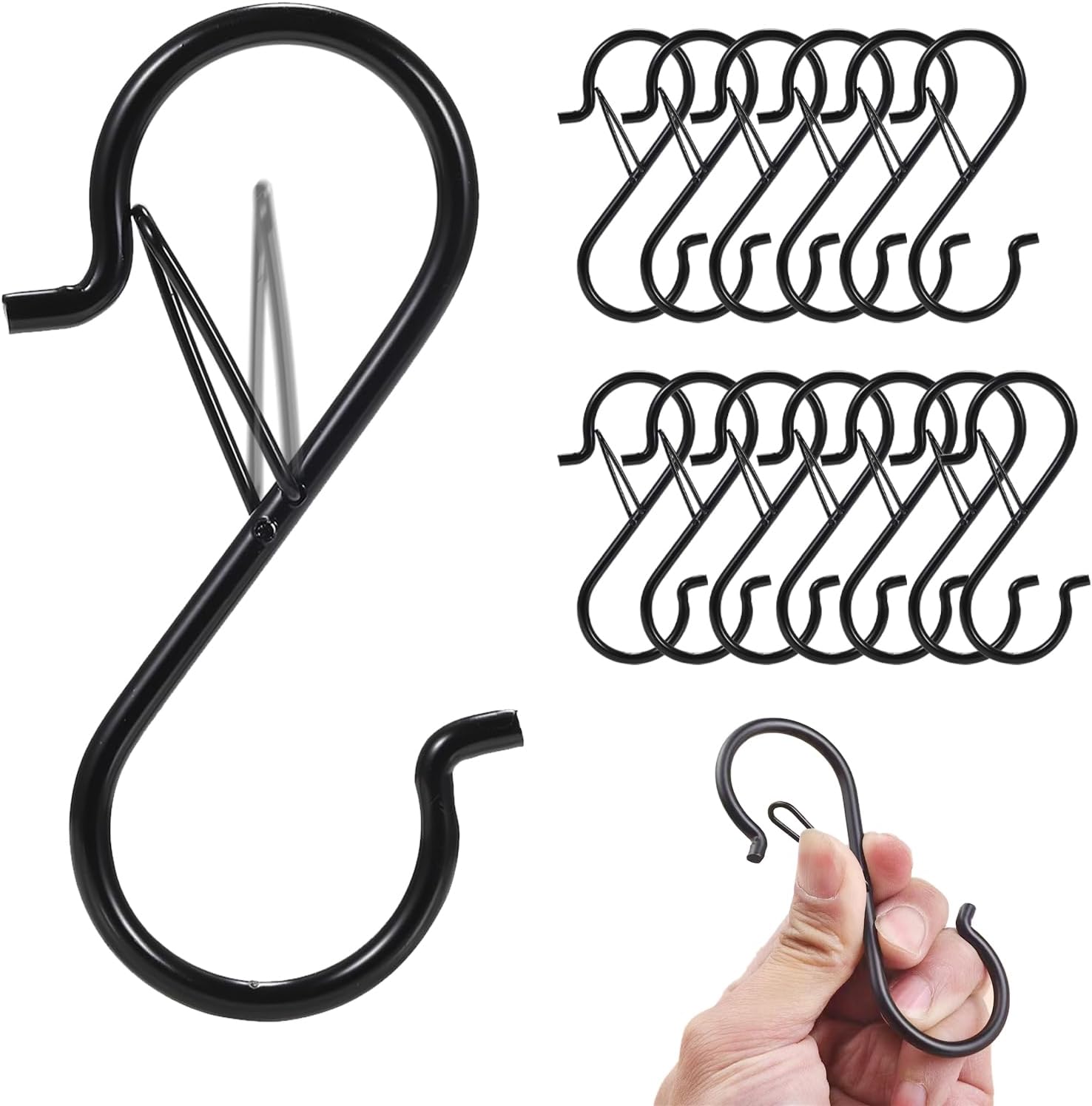 12 Pcs S Hooks for Hanging, Heavy Duty Metal S Shaped Hooks with Safety Buckle for Plants, Pots, Towels and Bags, 3.55 inch (Black) - Image 1