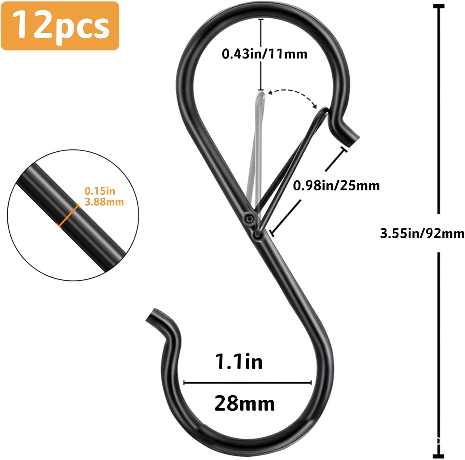 12 Pcs S Hooks for Hanging, Heavy Duty Metal S Shaped Hooks with Safety Buckle for Plants, Pots, Towels and Bags, 3.55 inch (Black) - Image 2