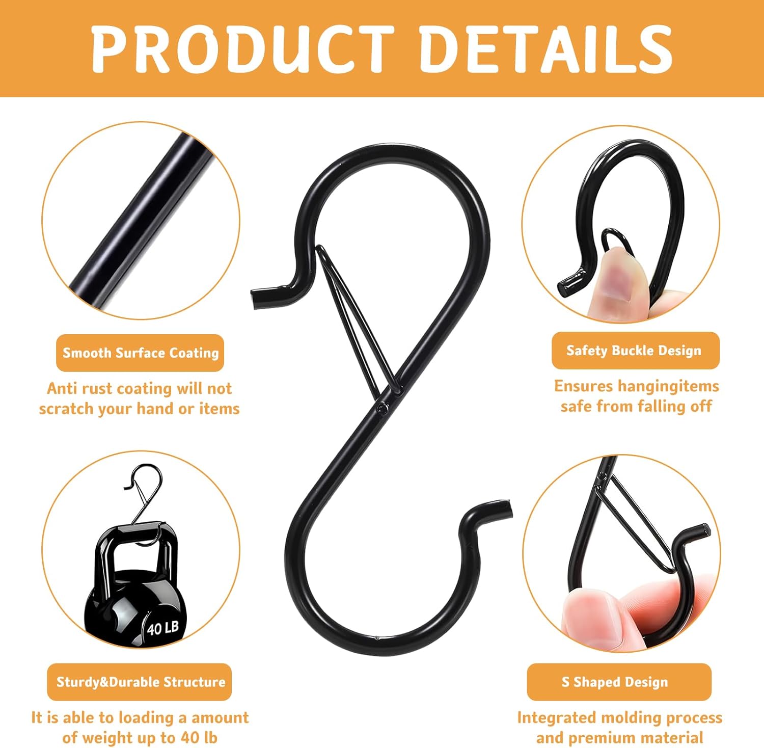 12 Pcs S Hooks for Hanging, Heavy Duty Metal S Shaped Hooks with Safety Buckle for Plants, Pots, Towels and Bags, 3.55 inch (Black) - Image 3
