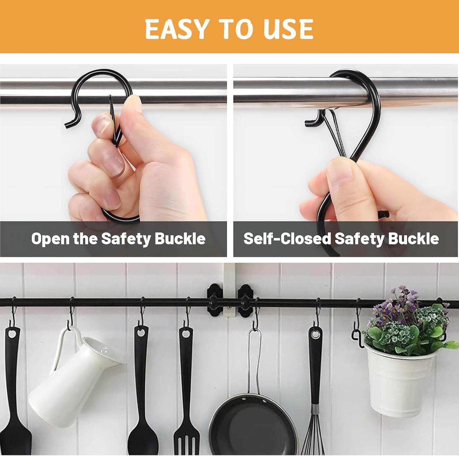 12 Pcs S Hooks for Hanging, Heavy Duty Metal S Shaped Hooks with Safety Buckle for Plants, Pots, Towels and Bags, 3.55 inch (Black) - Image 5