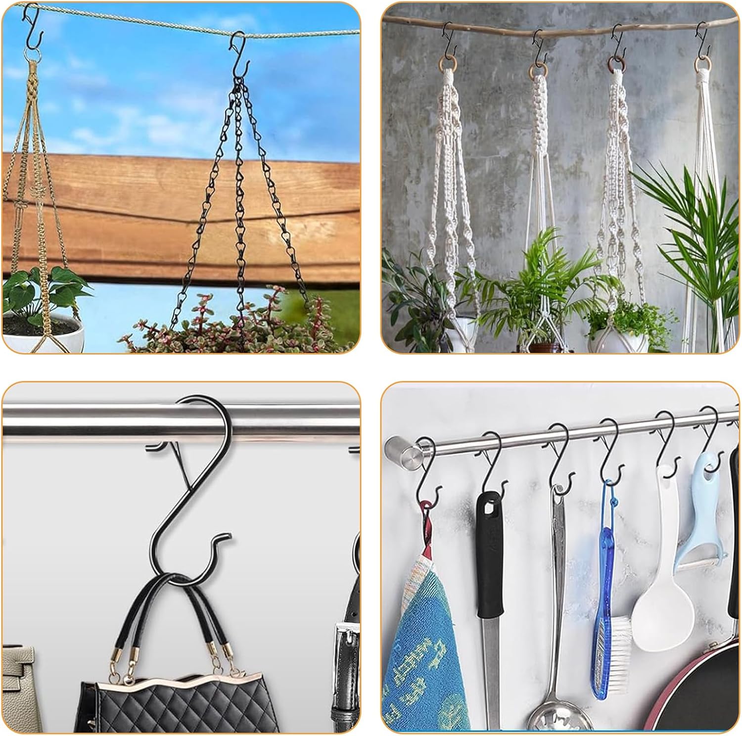 12 Pcs S Hooks for Hanging, Heavy Duty Metal S Shaped Hooks with Safety Buckle for Plants, Pots, Towels and Bags, 3.55 inch (Black) - Image 6