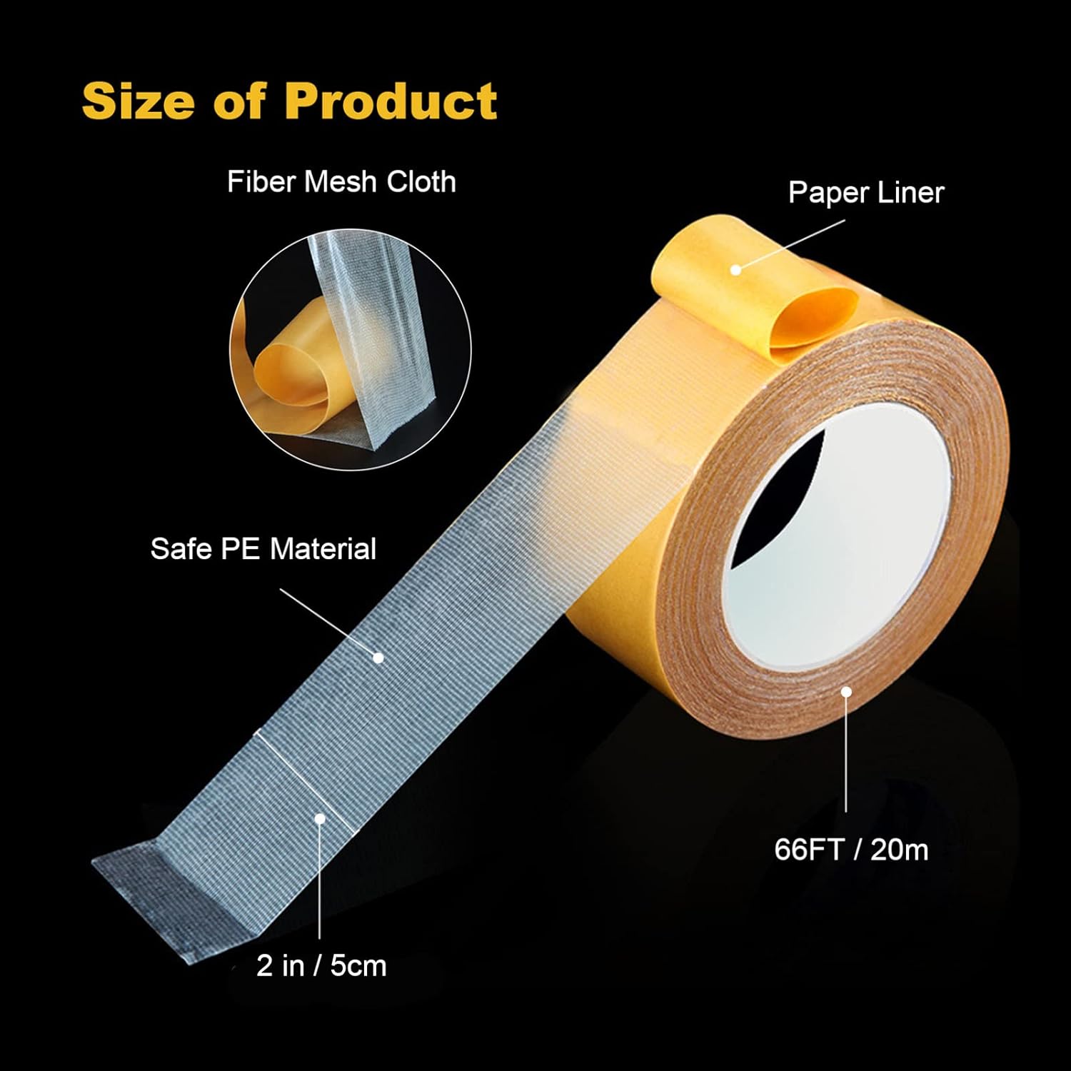 Double Sided Tape Heavy Duty, 2 in X 66 FT (20m) Double Sided Adhesive Tape Super Sticky Carpet Tape Fabric Strong Wall Mounting Tape (Yellow) - Image 2
