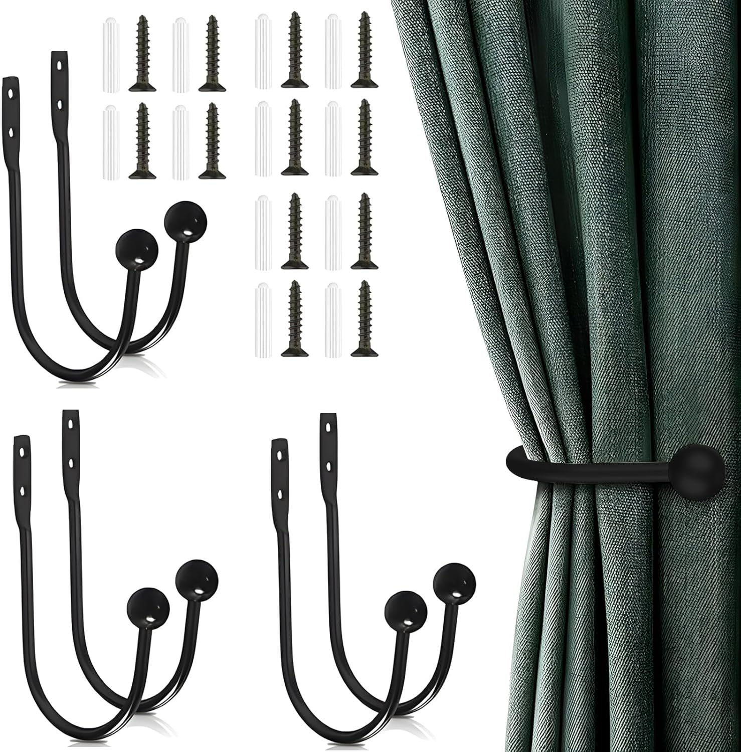 6 Pcs Curtain Holdbacks Curtain Tiebacks, U Shaped Curtain Hooks Wall Mount Window Curtain Holder (Black) - Image 1