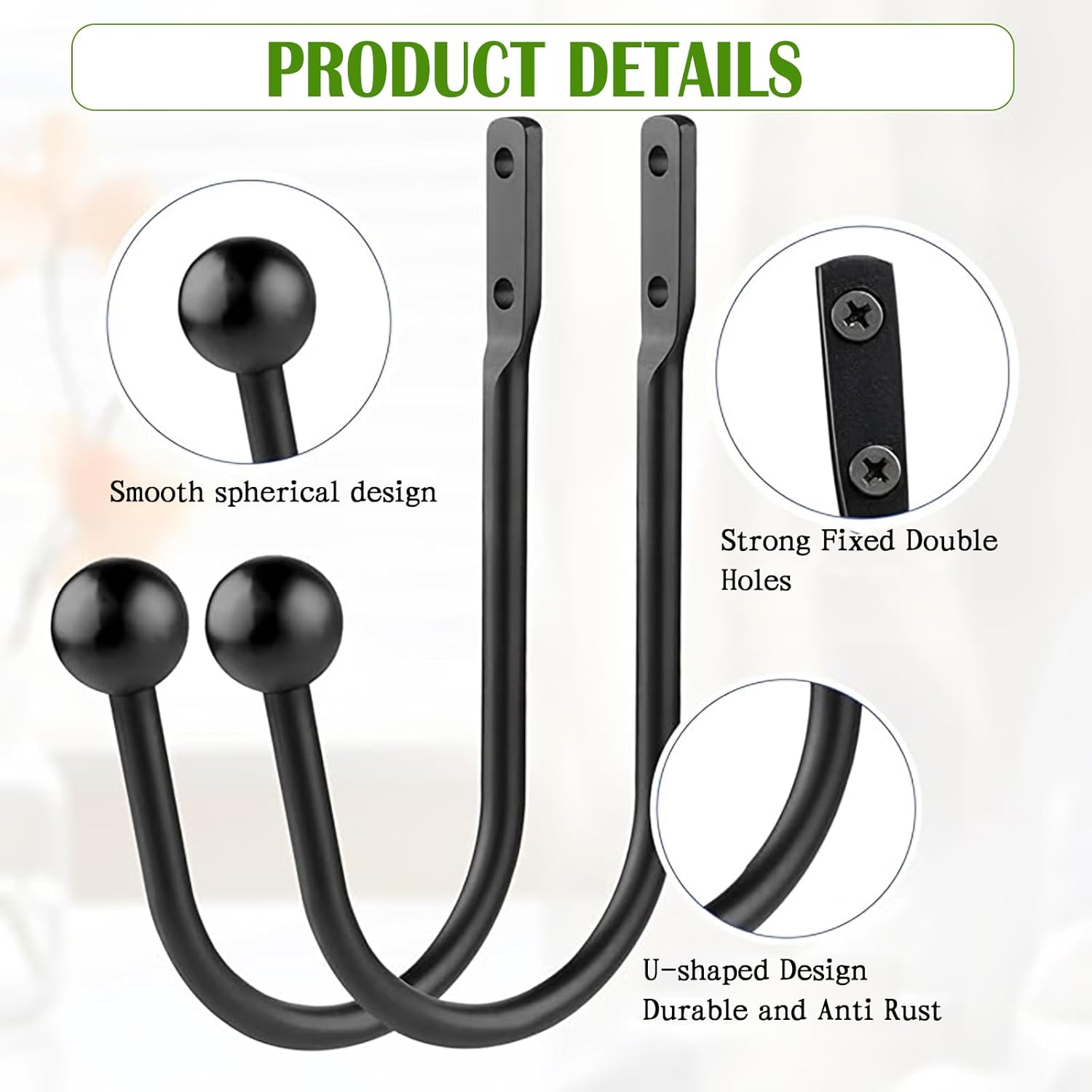 6 Pcs Curtain Holdbacks Curtain Tiebacks, U Shaped Curtain Hooks Wall Mount Window Curtain Holder (Black) - Image 3